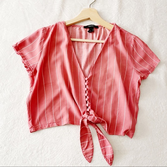 Pink & White Stripe Button Down Tied Waist Crop Top - Picture 3 of 8